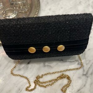 Black and Gold Button Clutch with Chain